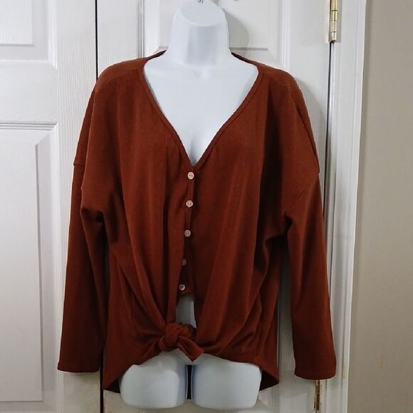 Fashion Nova brown ribbed high low tie front faux button front top Sz L NWOT - Picture 1 of 7